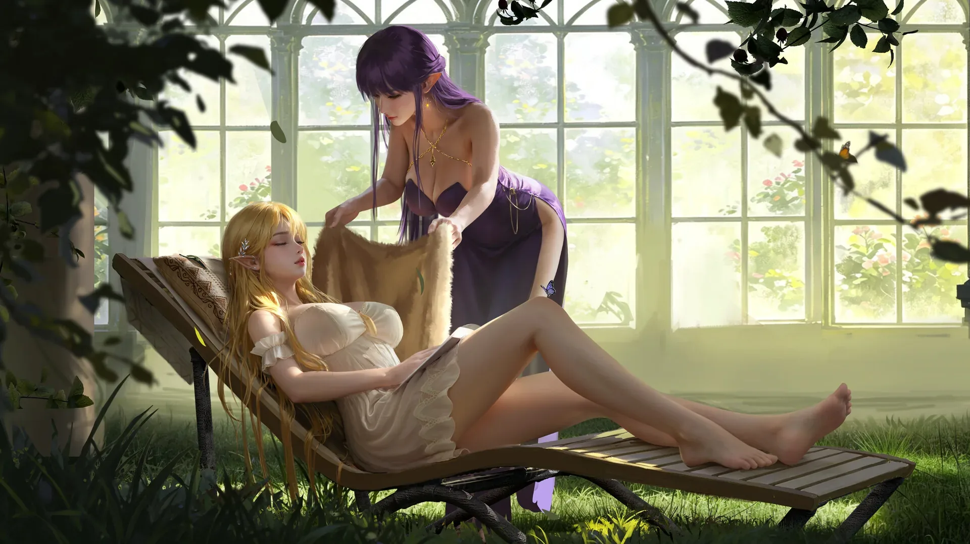 精灵密友 Elven Friends：普通不透明白裙人物躺椅休息，紫裙伙伴铺毯，无性动作，不将卧姿或露腿自动判成人