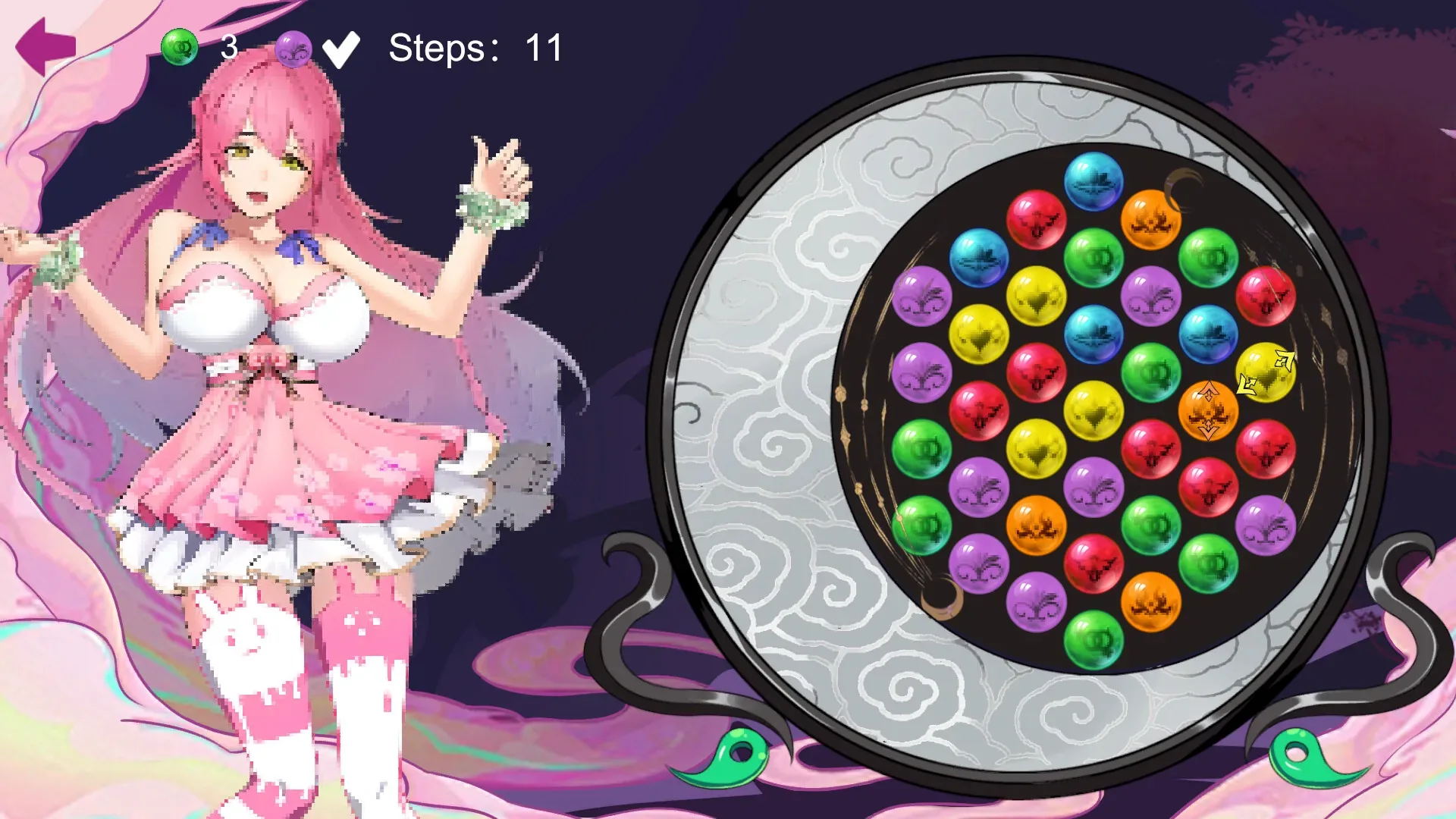 误入女儿国：圆形彩珠棋盘Steps11及目标，人物不透明衣物覆盖私密部位，无性行为